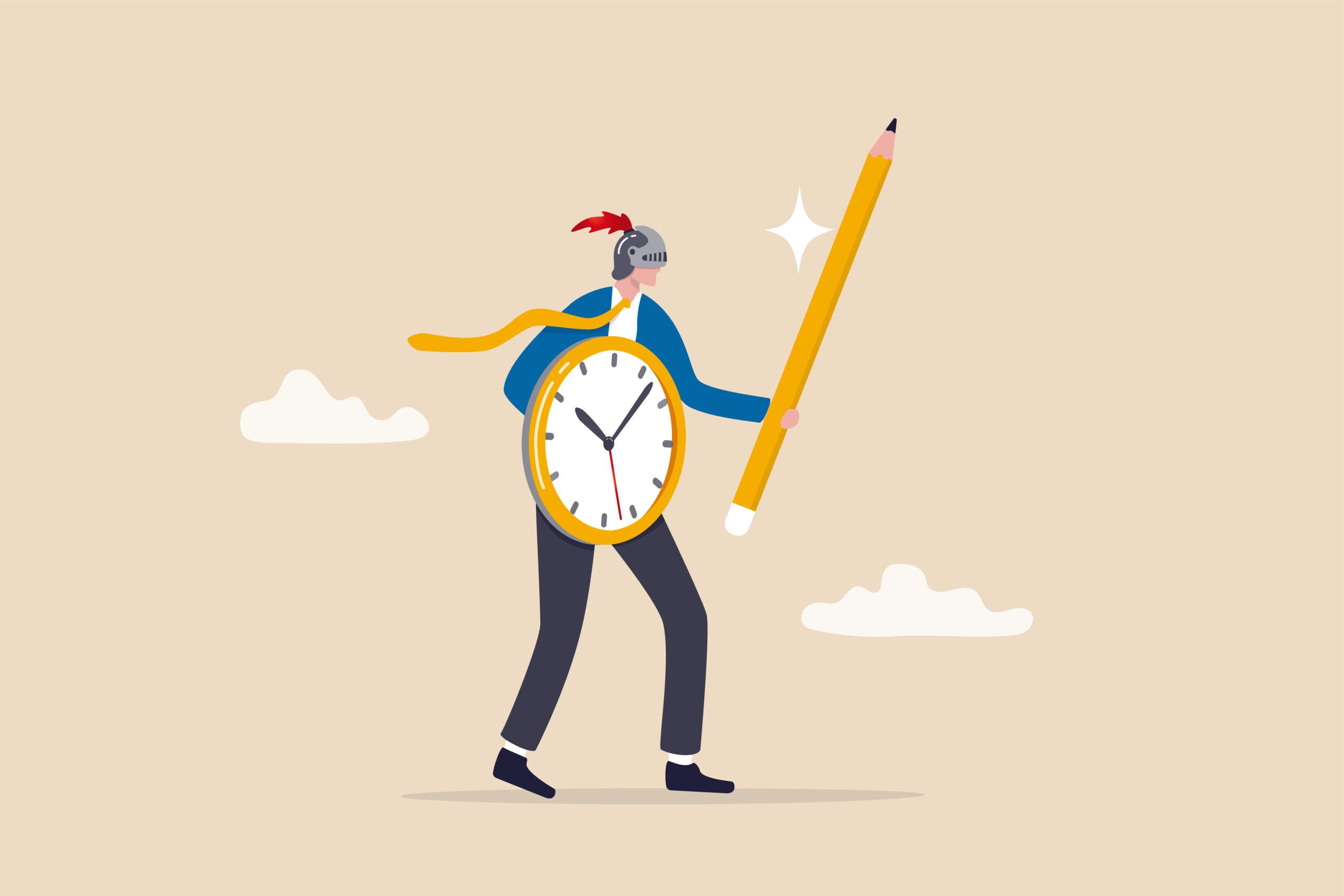 Comicartige Figur als Ritter mit Uhr und Bleistift symbolisiert kluges Zeitmanagement beim Masterarbeit schreiben lassen