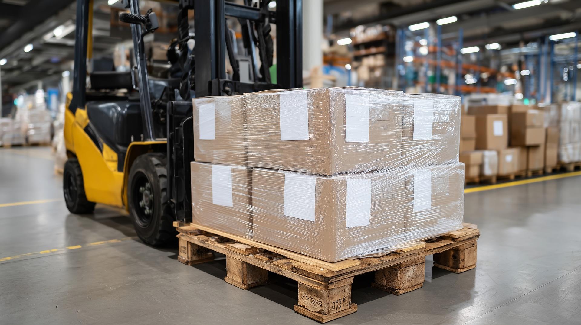 Verpackte Paletten auf Gabelstapler in Lagerhalle | Schrenzpapier